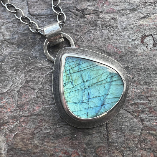Labradorite Sterling Silver Necklace - Handmade One-of-a-kind Labradorite Teardrop Pendant on Sterling Silver Chain