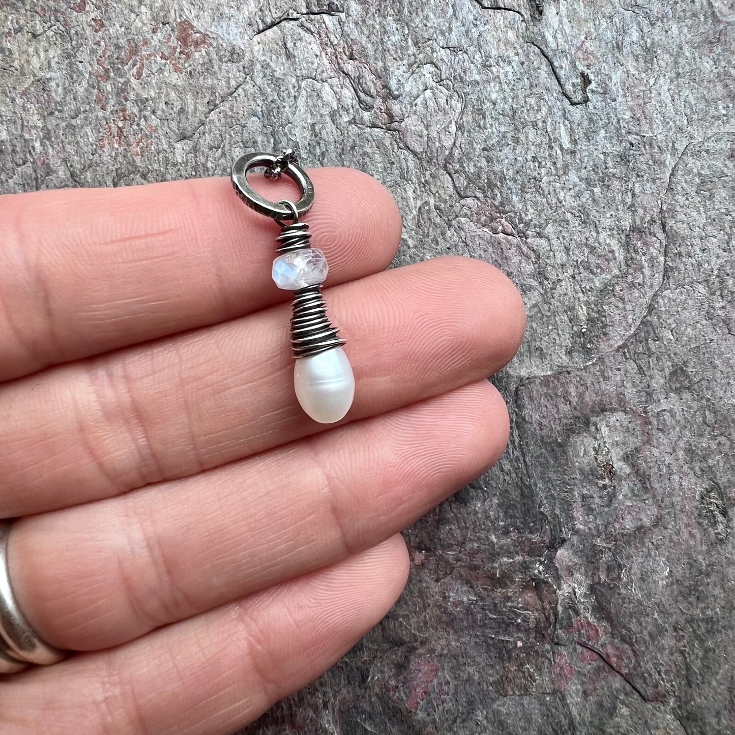 Rainbow Moonstone and Pearl Sterling Silver Necklace - Genuine Freshwater Pearl and Rainbow Moonstone Pendant on Sterling Silver Chain
