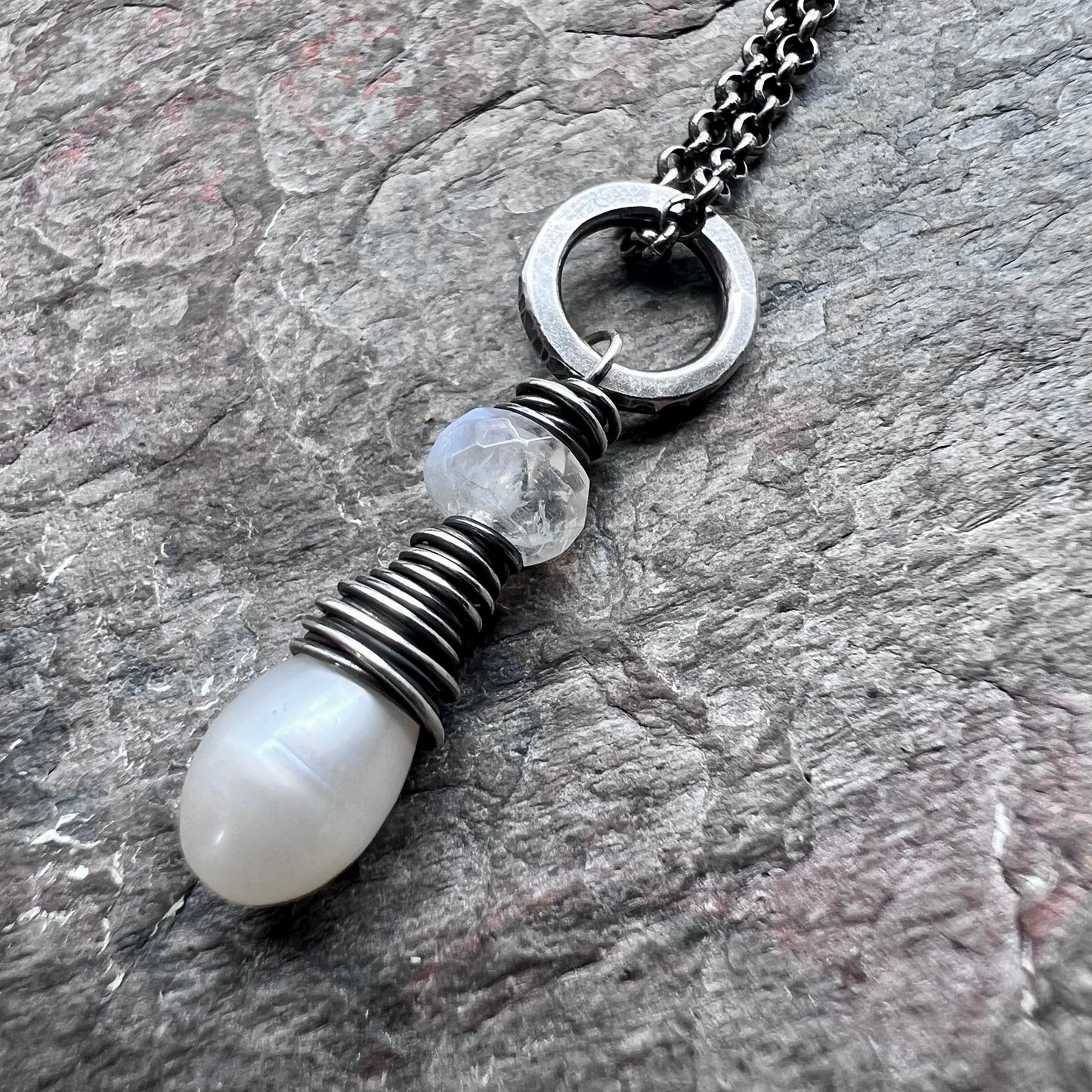 Rainbow Moonstone and Pearl Sterling Silver Necklace - Genuine Freshwater Pearl and Rainbow Moonstone Pendant on Sterling Silver Chain