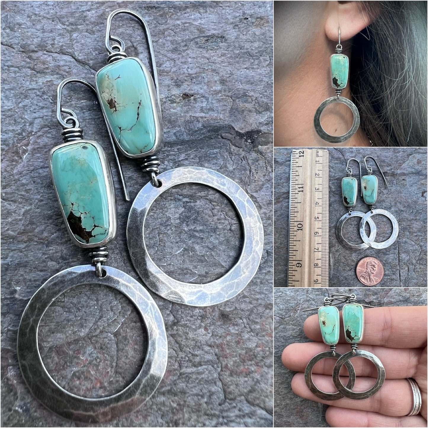 Turquoise Sterling Silver Hammered Hoop Earrings - Handmade One-of-a-kind Earrings