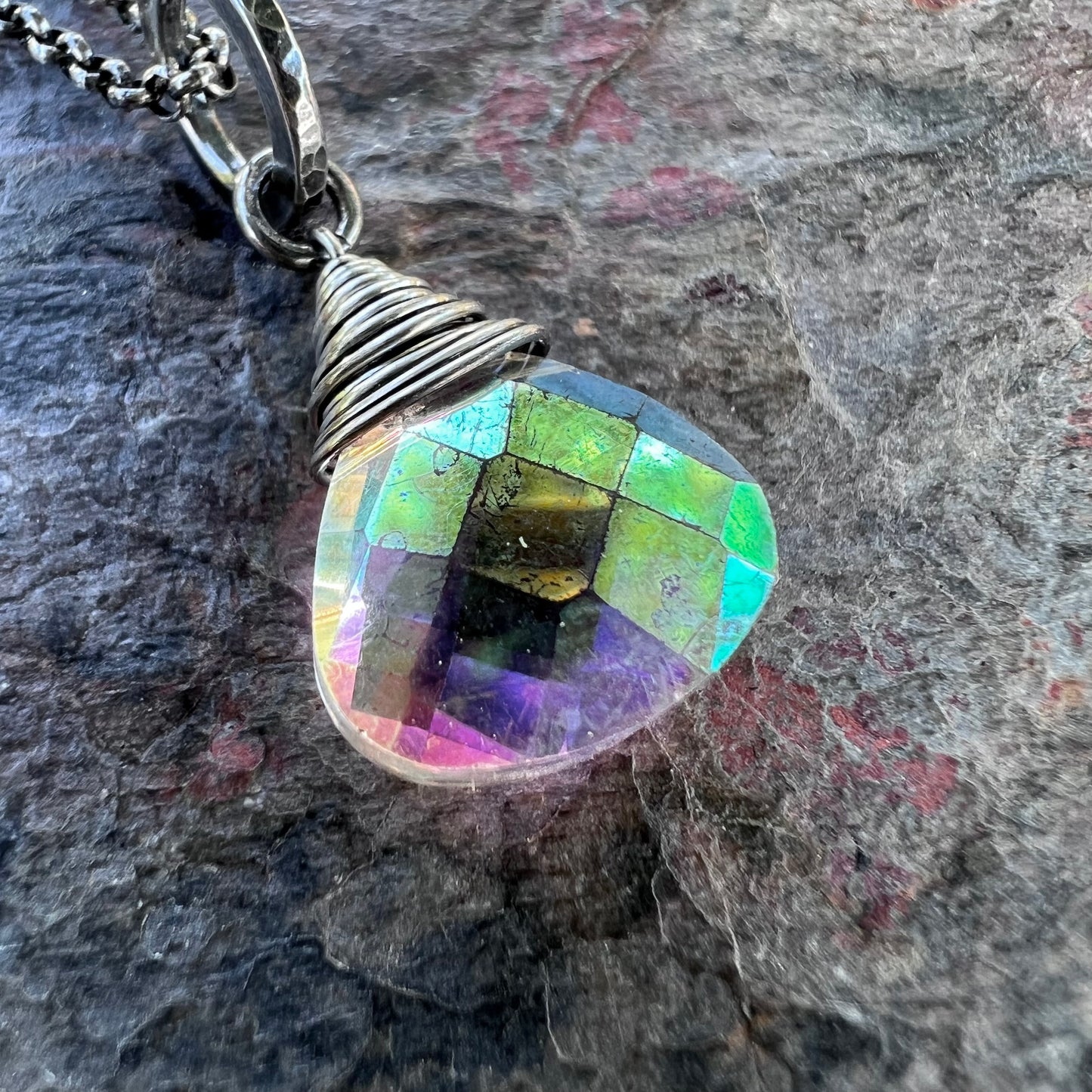 Sterling Silver Mystic Quartz Necklace - Mystic Rock Crystal Quartz Briolette Pendant on Sterling Silver Chain