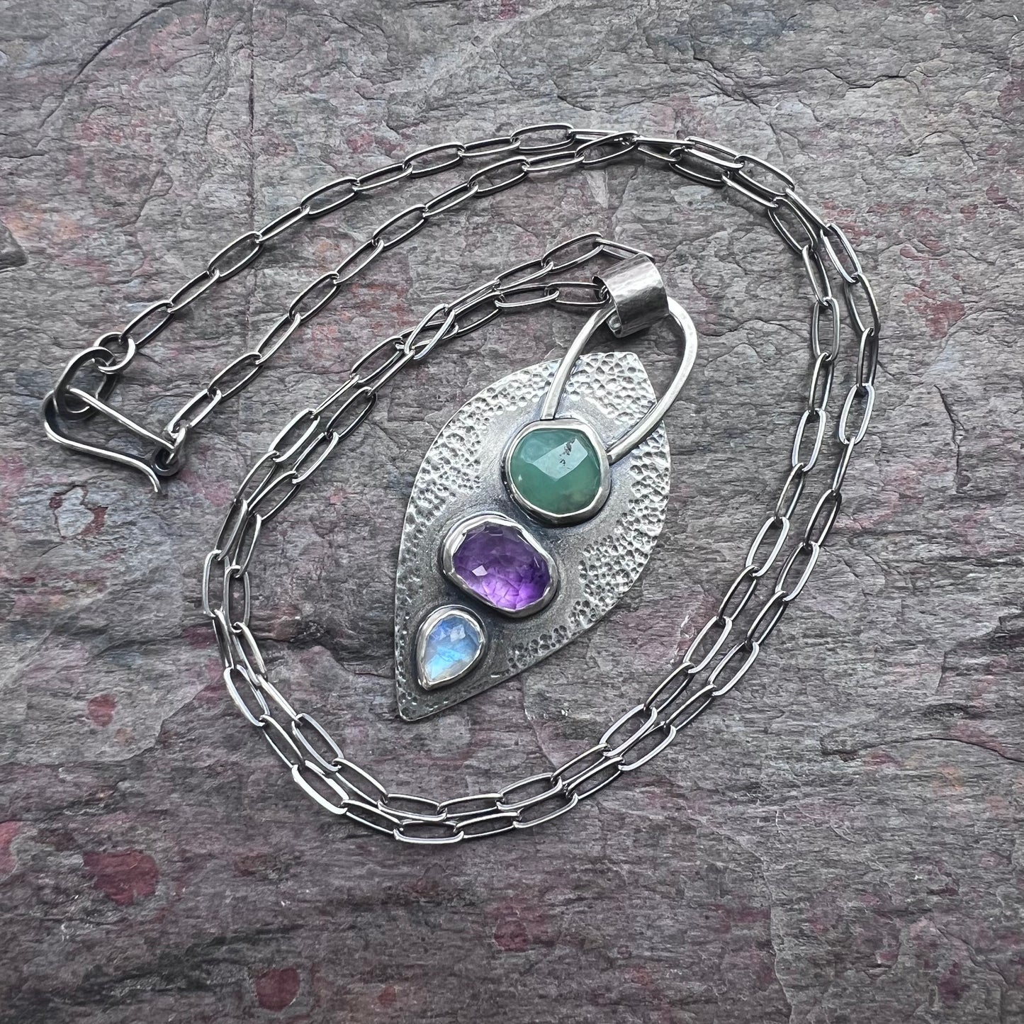 Chrysoprase, Amethyst, and Rainbow Moonstone Sterling Silver Necklace - Handmade One-of-a-kind Pendant on Sterling Silver Chain