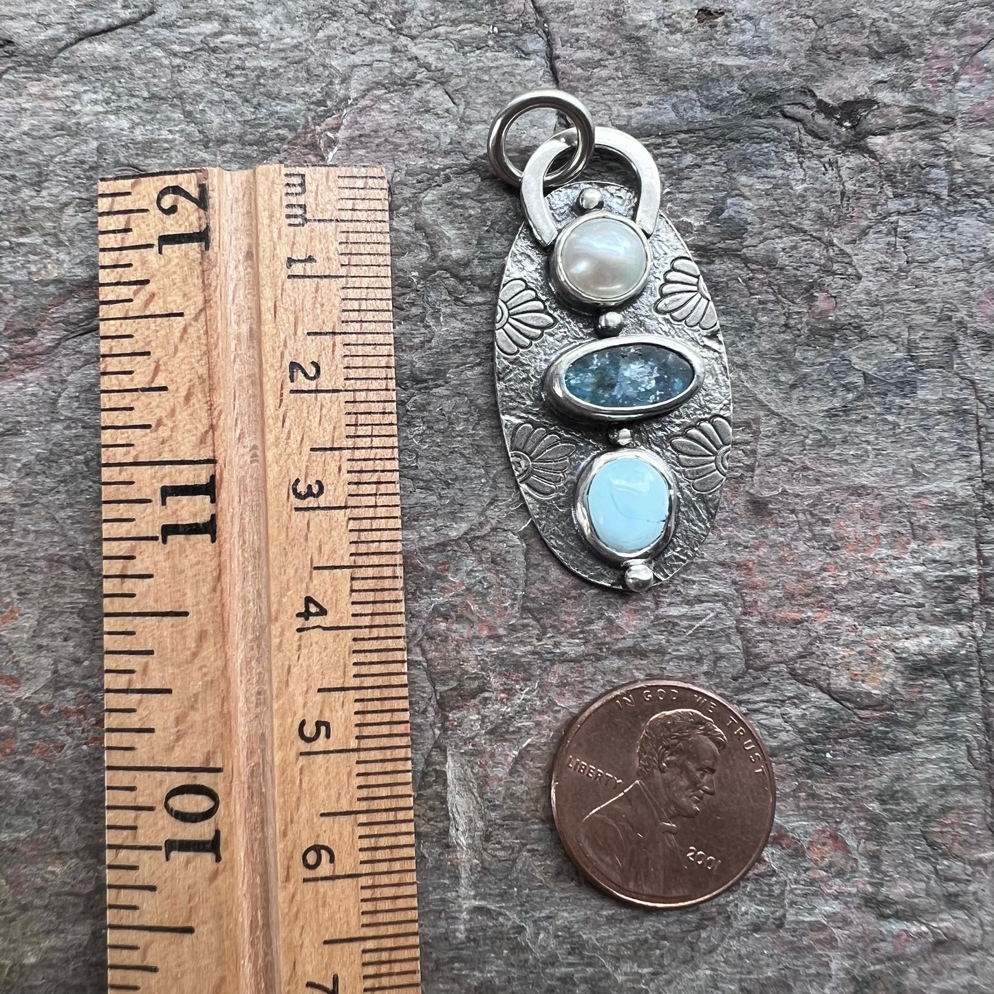 Pearl, Kyanite, and Turquoise Sterling Silver Pendant - One-of-a-Kind Handmade Pendant