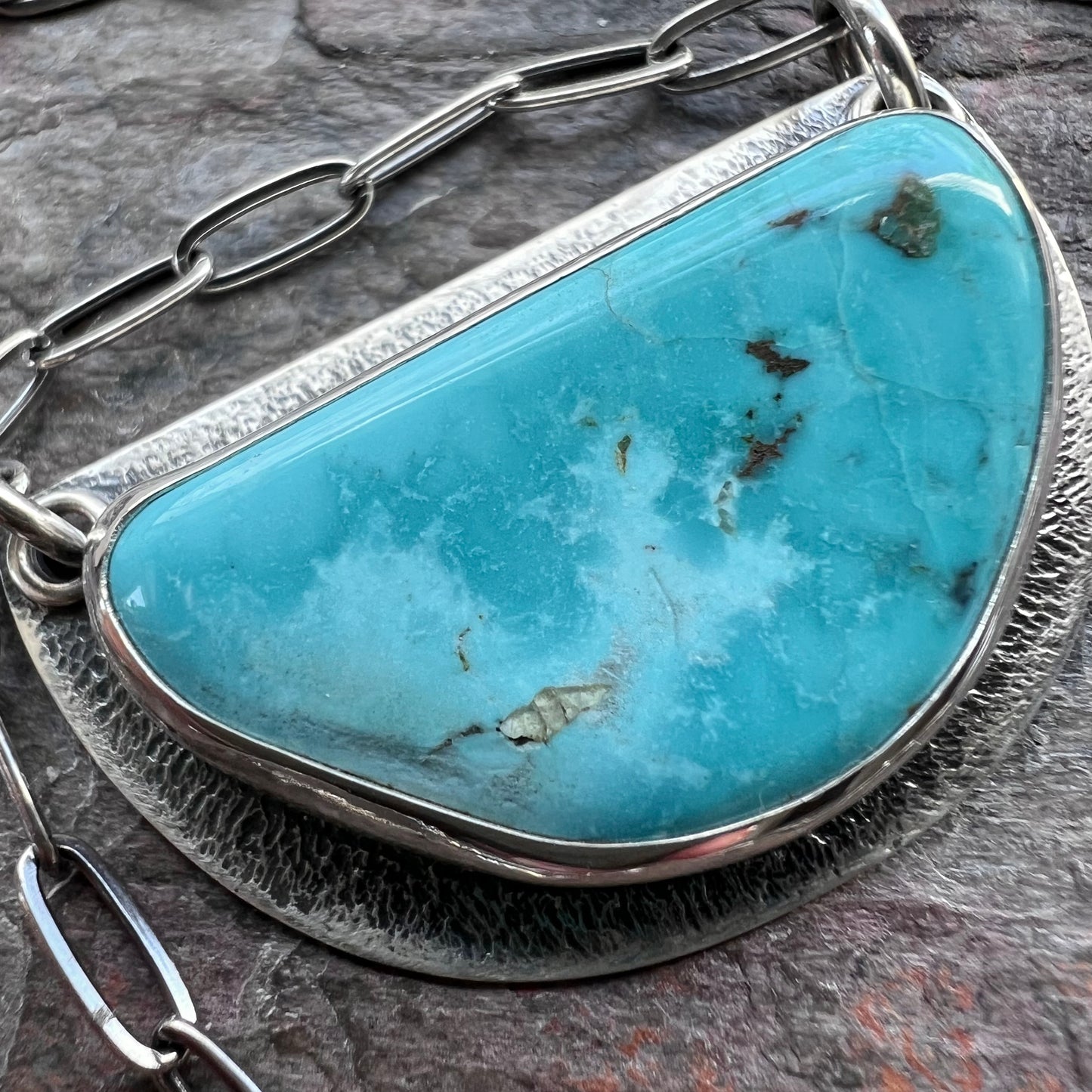 Turquoise and Sterling Silver Semicircle Pendant - One-of-a-Kind Turquoise Statement Necklace