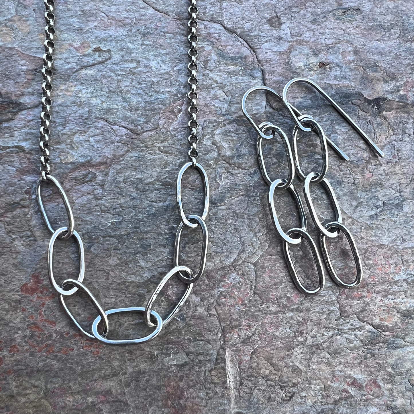 Sterling Silver Hammered Link Necklace - Handmade Sterling Silver Links on Sterling Silver Rolo Chain