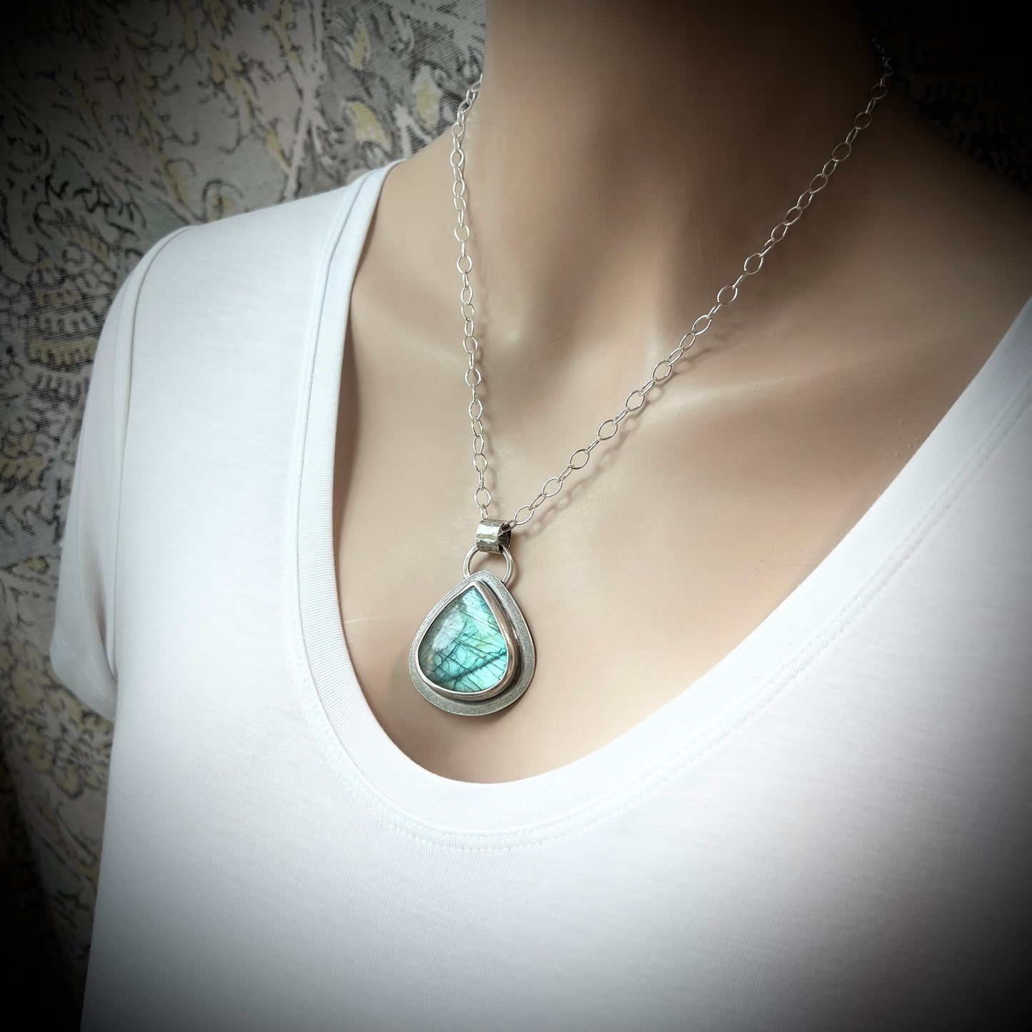 Labradorite Sterling Silver Necklace - Handmade One-of-a-kind Labradorite Teardrop Pendant on Sterling Silver Chain