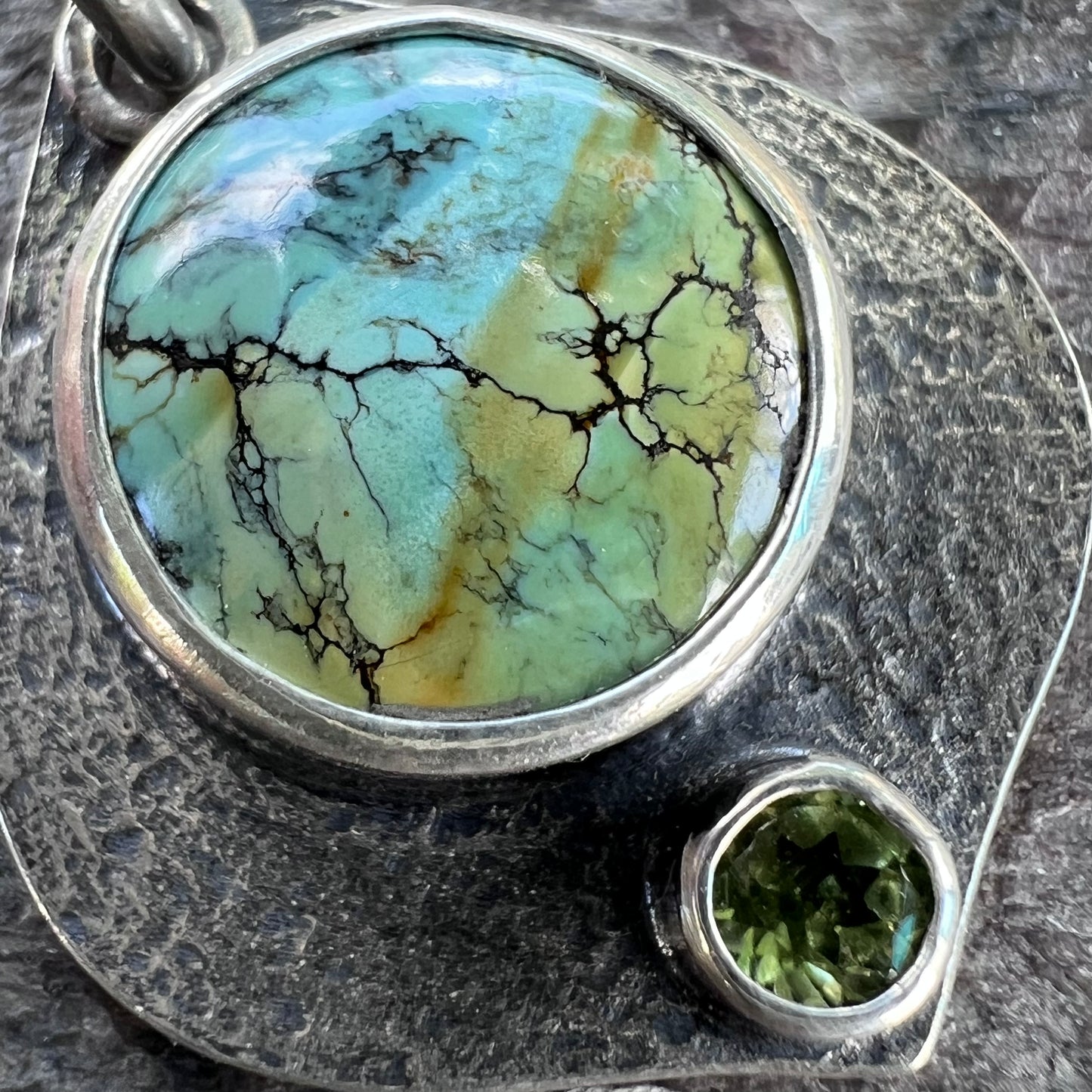 Turquoise and Peridot Sterling Silver Pendant - One-of-a-Kind Handmade Pendant