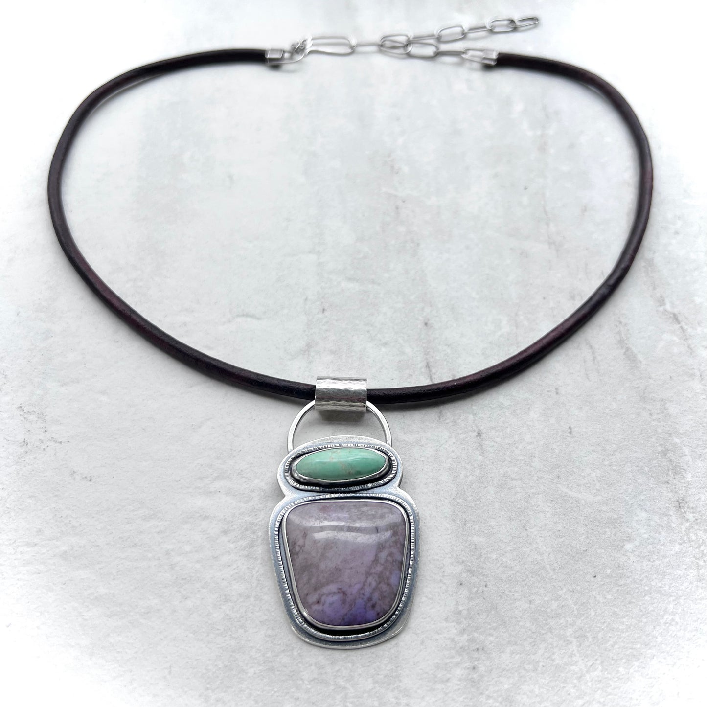 Variscite and Jade Sterling Silver Necklace - Handmade One-of-a-kind Pendant on Genuine Leather