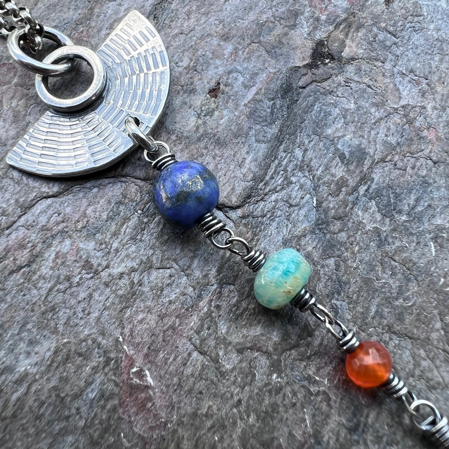 Sterling Silver Natural Stone Necklace - Lapis Lazuli, Amazonite, and Carnelian Pendant