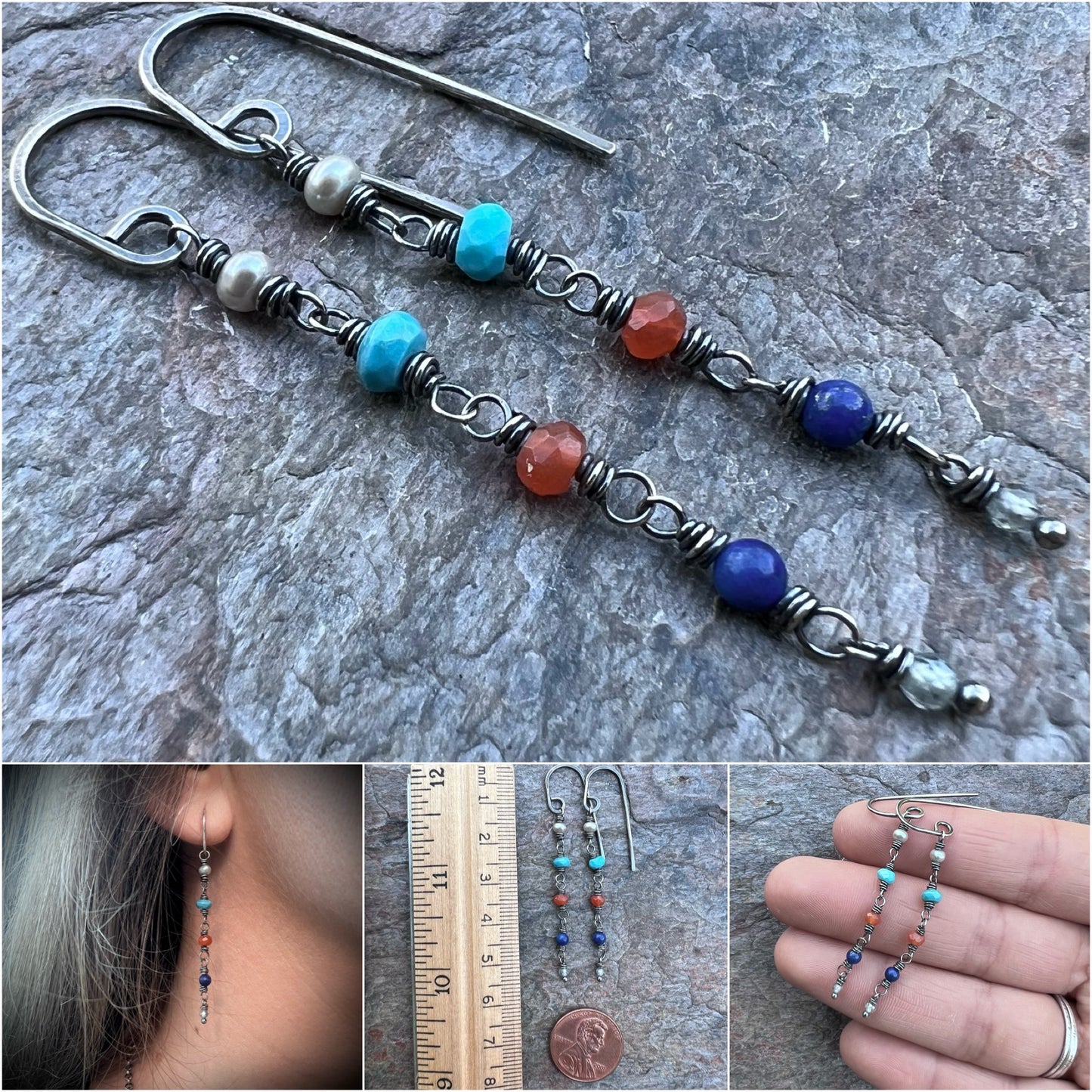 Pearl, Turquoise, Carnelian, Lapiz, and Zircon Sterling Silver and Black Pearl Earrings
