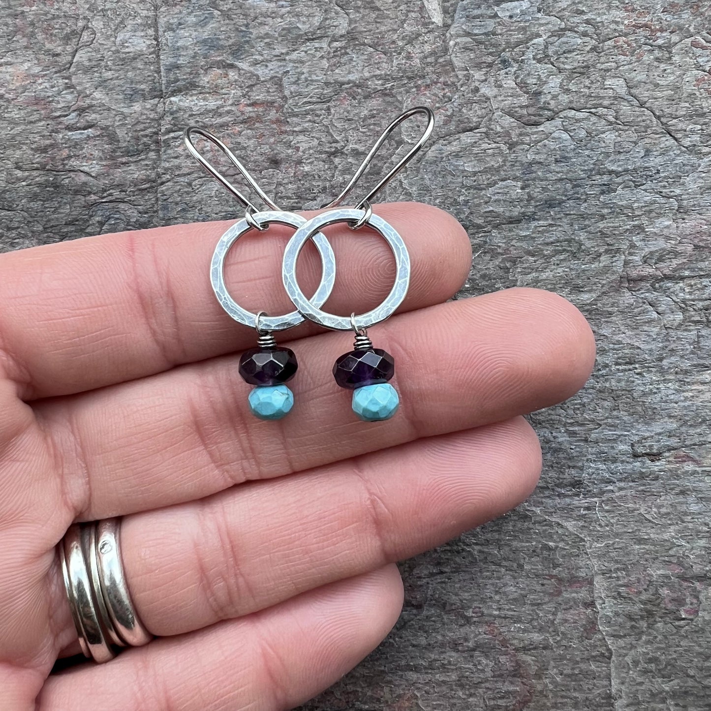 Amethyst and Turquoise Sterling Silver Earrings - Amethyst and Turquoise on Hammered Sterling Silver Rings