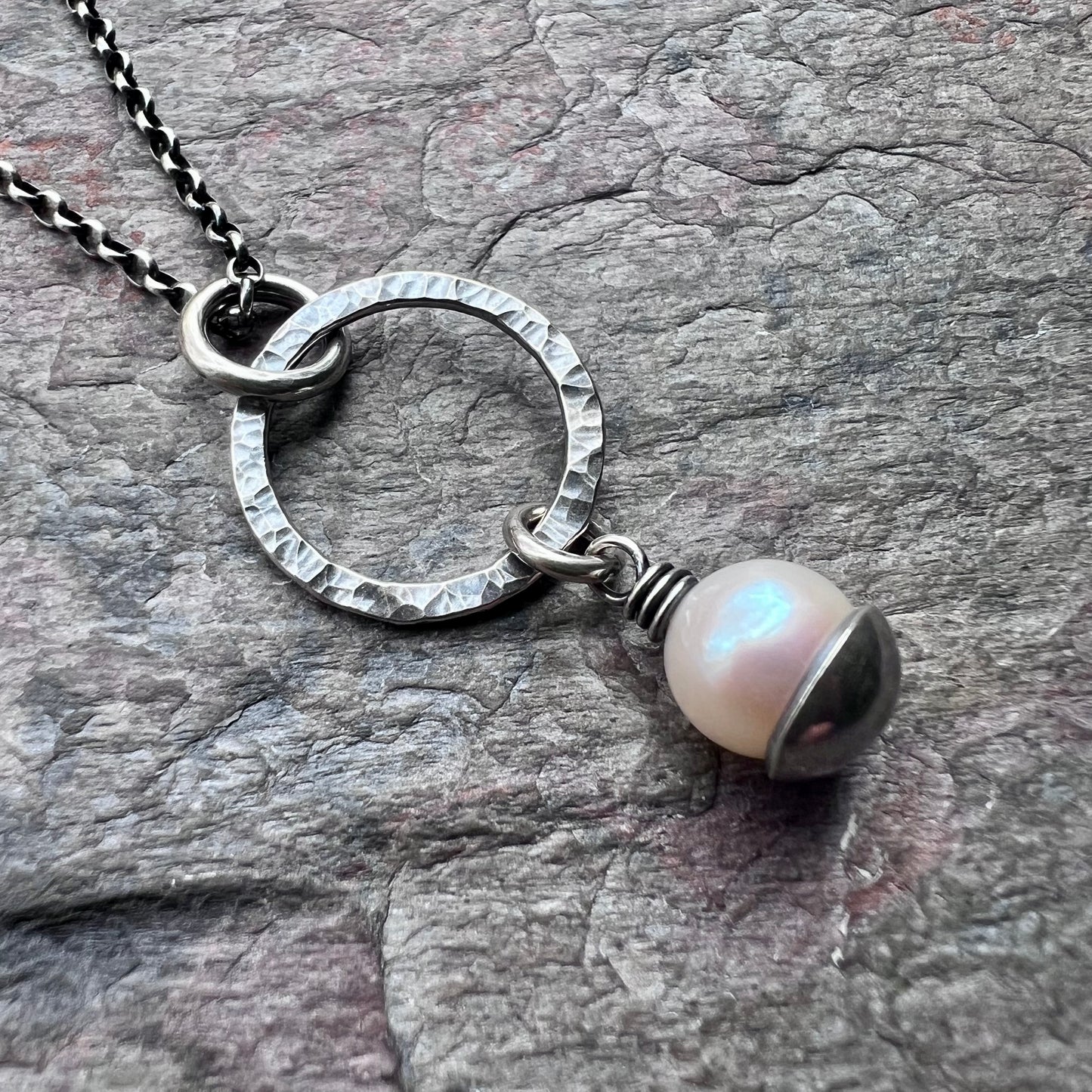 Sterling Silver Pearl Necklace - Genuine Freshwater Pearl and Hammered Ring Pendant