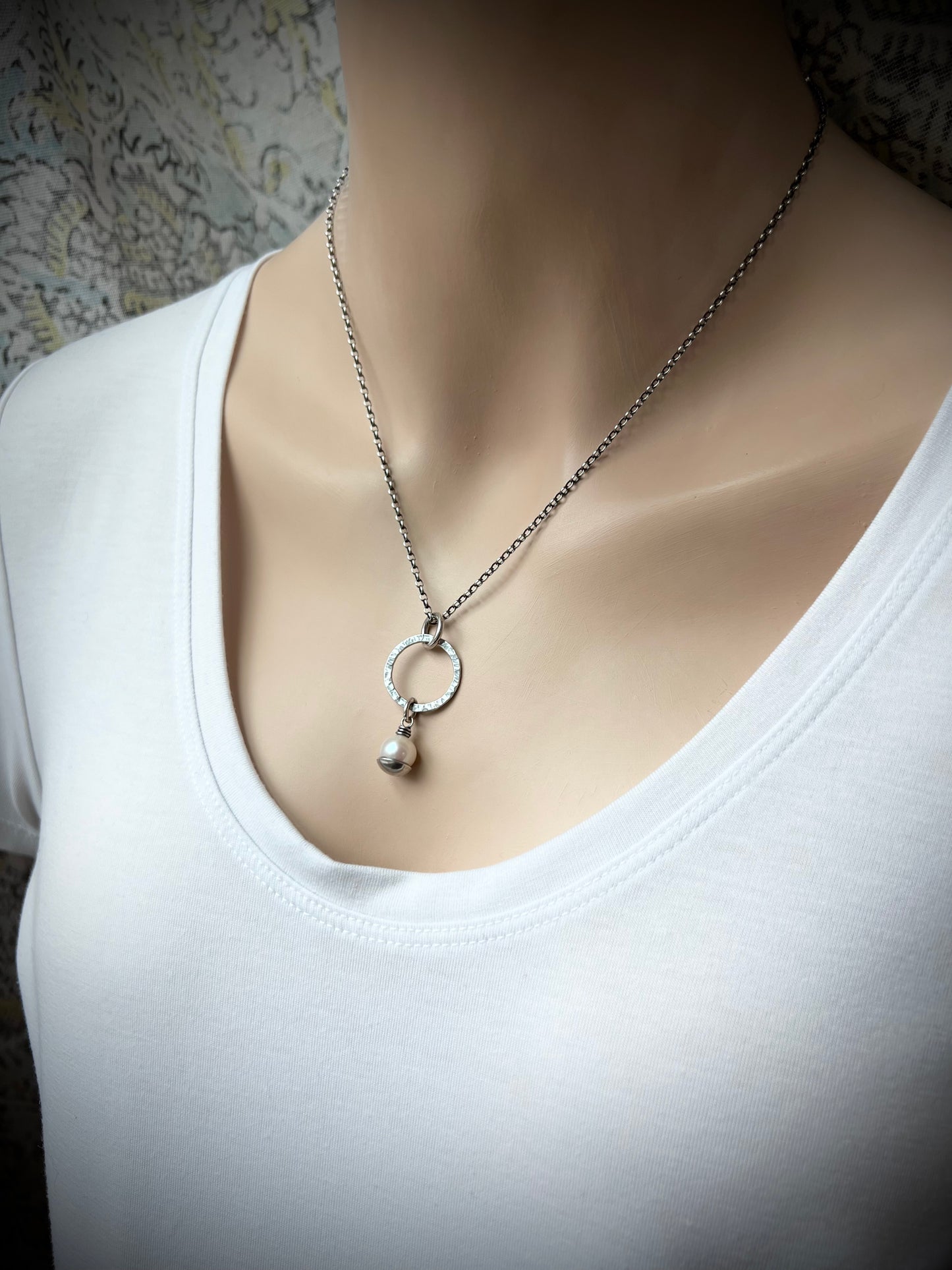 Sterling Silver Pearl Necklace - Genuine Freshwater Pearl and Hammered Ring Pendant