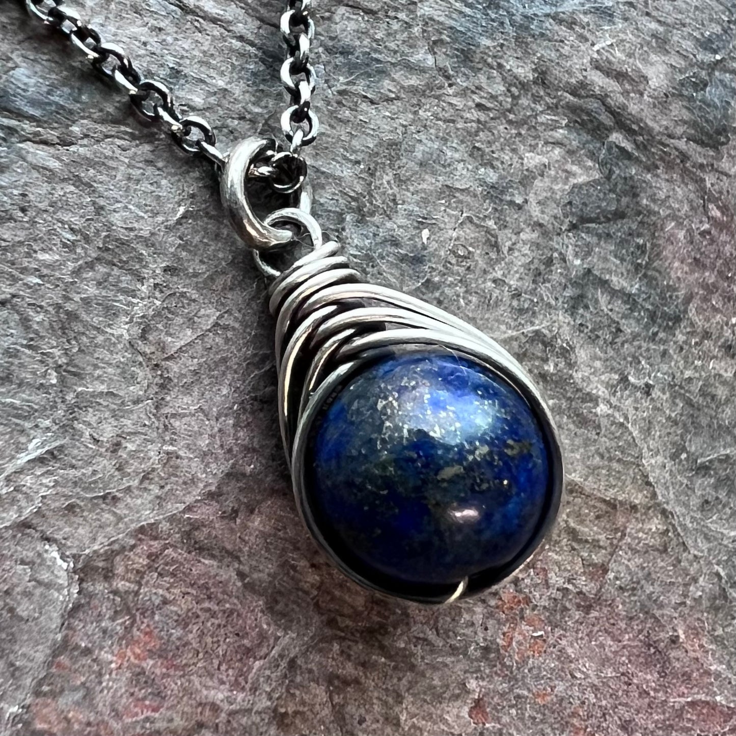 Lapis Lazuli Sterling Silver Necklace - Wire-wrapped Lapis Lazuli Pendant on Sterling Silver Chain