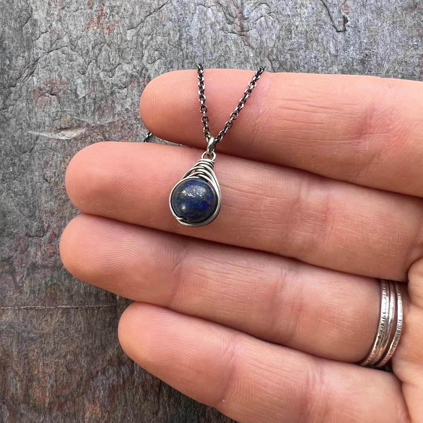 Lapis Lazuli Sterling Silver Necklace - Wire-wrapped Lapis Lazuli Pendant on Sterling Silver Chain