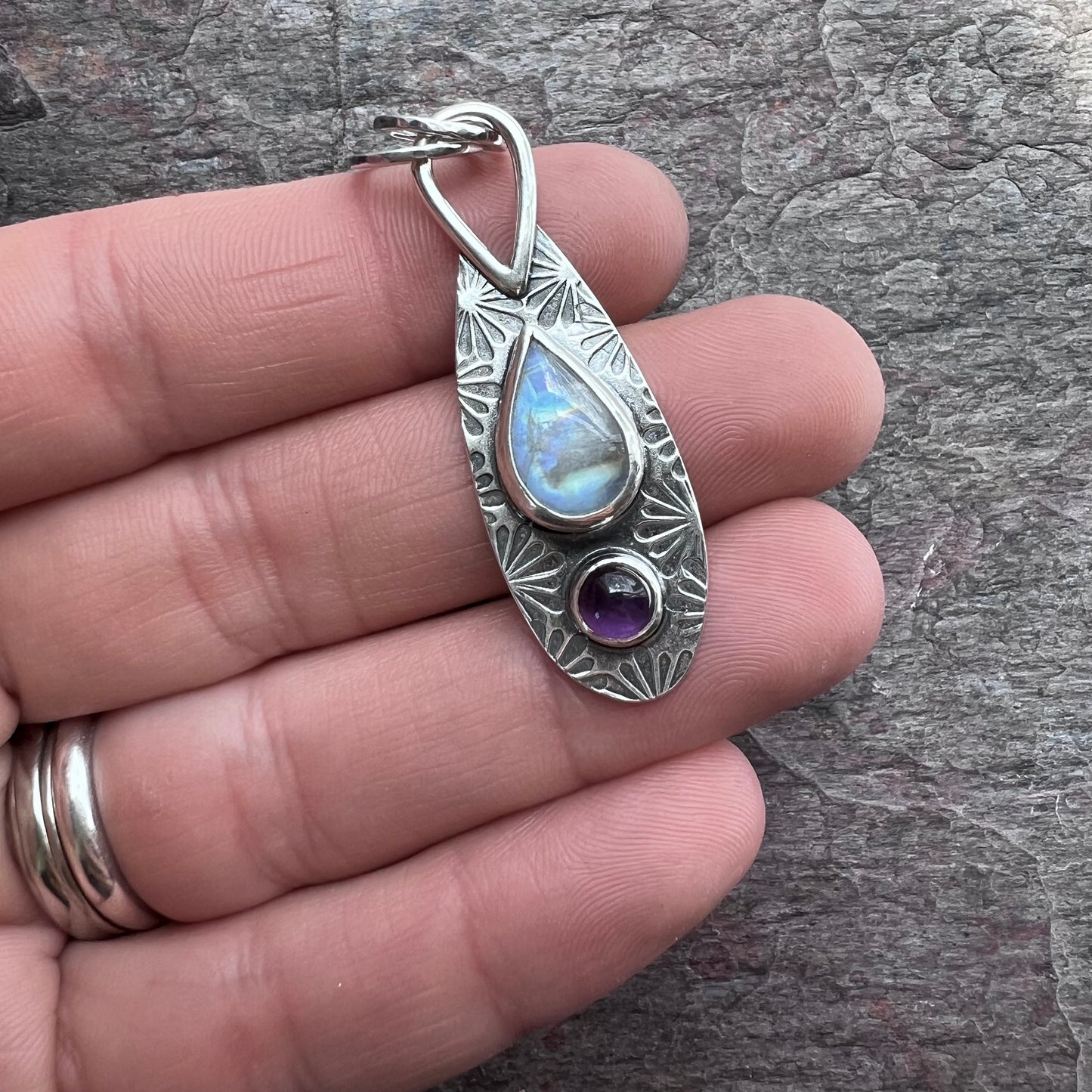 Rainbow Moonstone and Amethyst Sterling Silver Pendant - Handmade One-of-a-kind Pendant