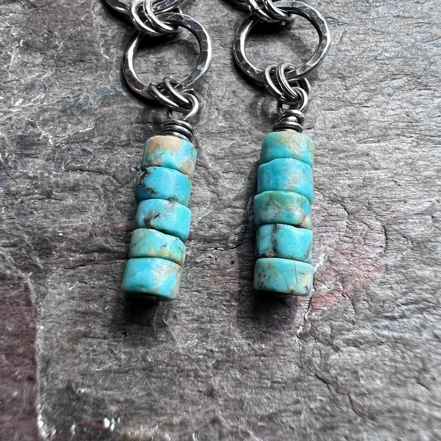 Sterling Silver Turquoise Earrings | Genuine Turquoise on Hammered Silver Ring Long Dangle Earrings Handmade Jewelry Gift for Her