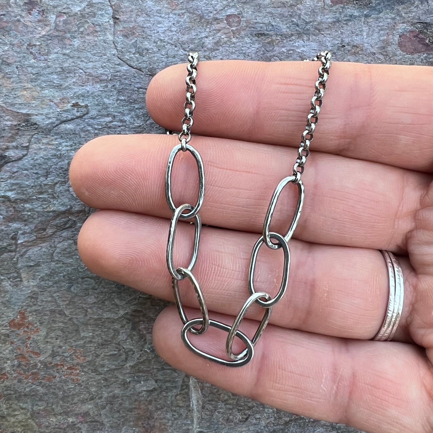 Sterling Silver Hammered Link Necklace - Handmade Sterling Silver Links on Sterling Silver Rolo Chain