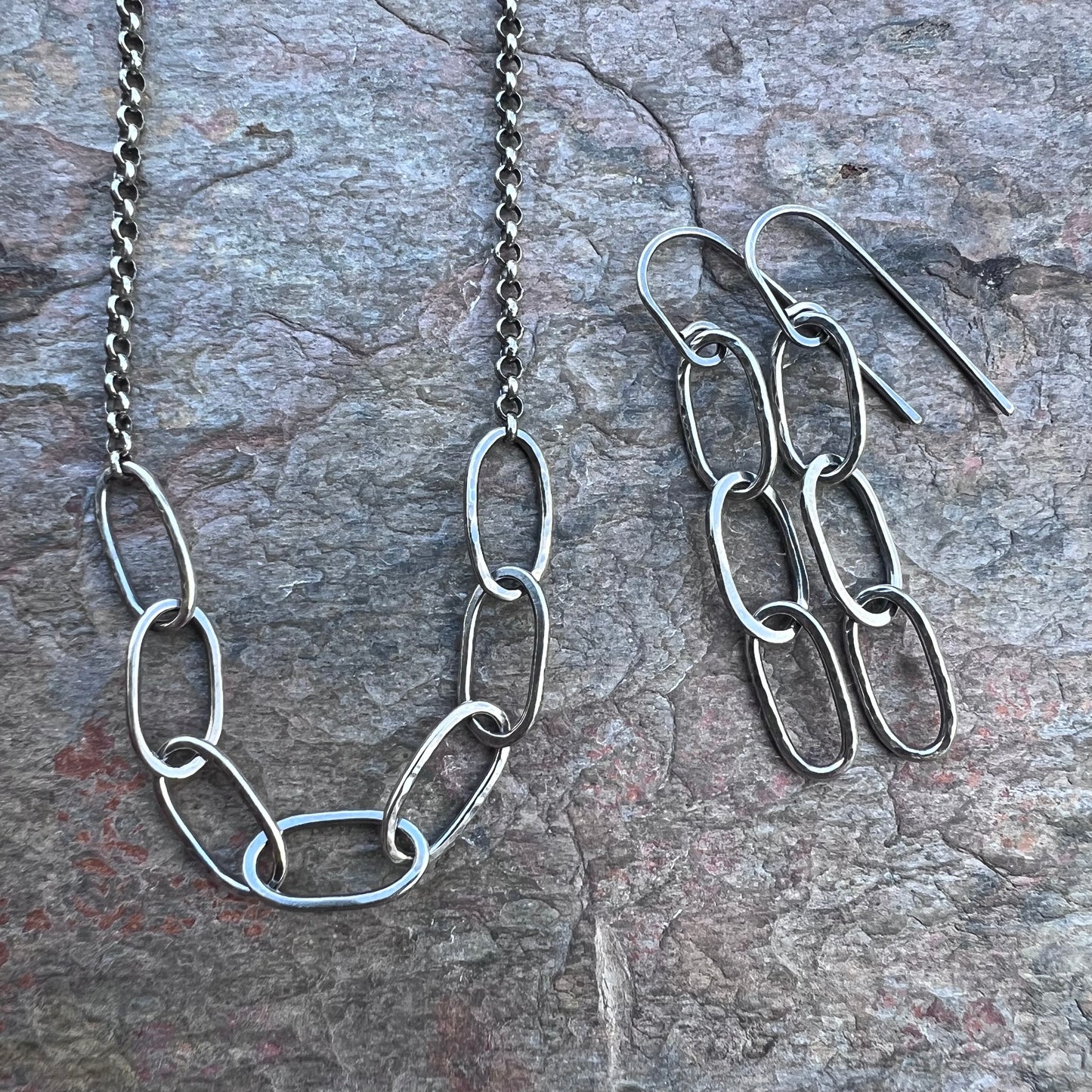 Sterling Silver Hammered Elongated Chain Earrings