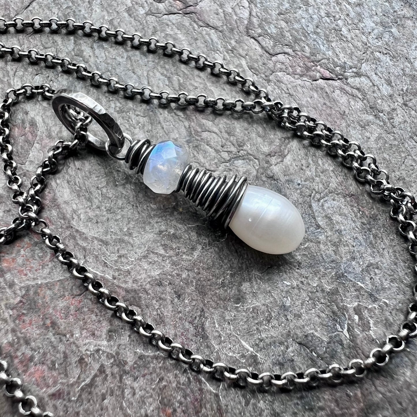 Rainbow Moonstone and Pearl Sterling Silver Necklace - Genuine Freshwater Pearl and Rainbow Moonstone Pendant on Sterling Silver Chain