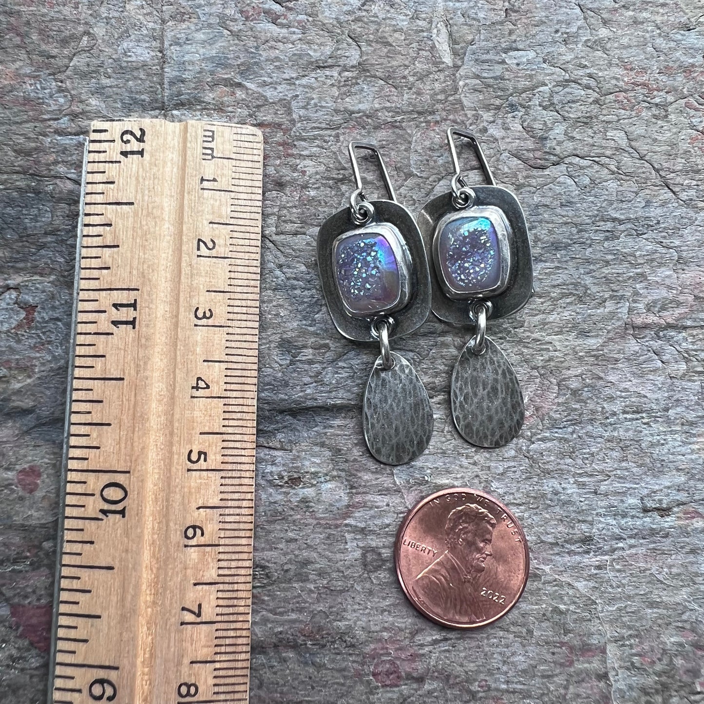 Sterling Silver Druzy Earrings - Handmade One-of-a-kind Agate Druzy and Teardrop Earrings