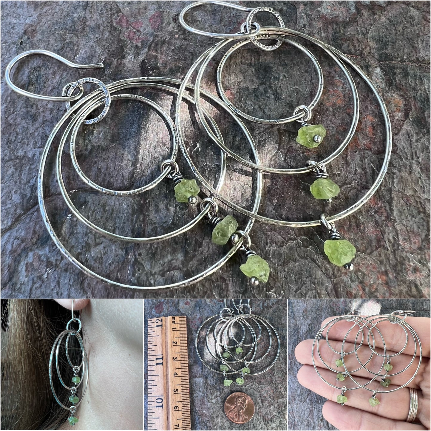 Peridot Sterling Silver Earrings - Lightweight Large Handmade Hoop Sterling Silver Earrings