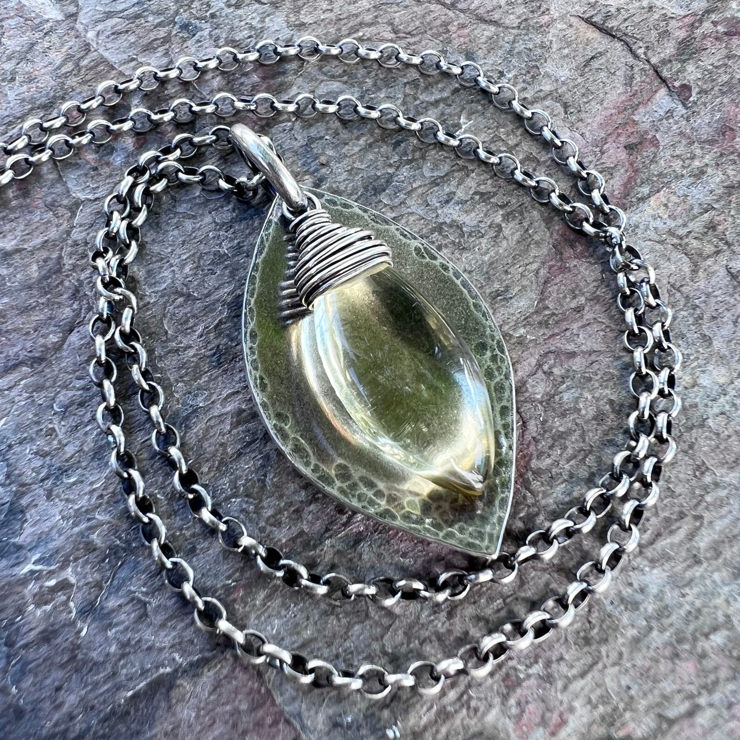 Lemon Quartz and Sterling Silver Necklace - Lemon Quartz and Sterling Silver Marquise Pendant on Sterling Silver Chain