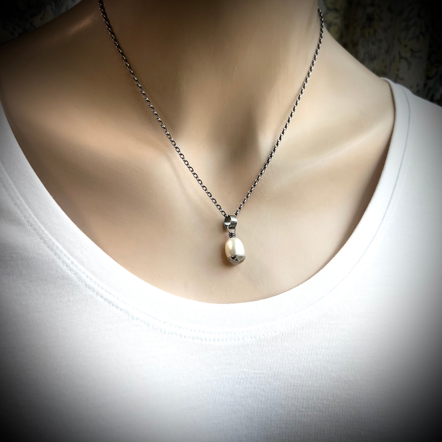 Sterling Silver Pearl Necklace - Handmade Genuine Pearl Pendant on Sterling Silver Chain