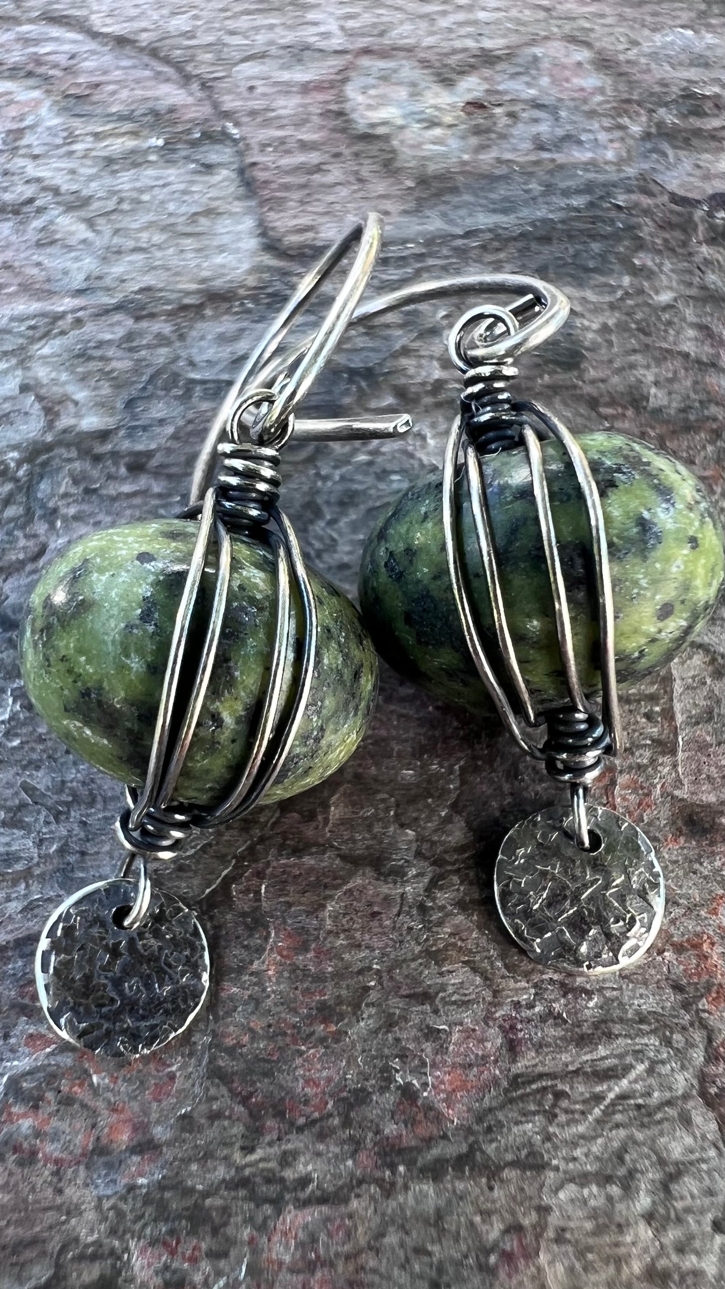Sterling Silver Serpentine Earrings - Wire-wrapped Natural Serpentine Stones on Handmade Sterling Silver Earwires