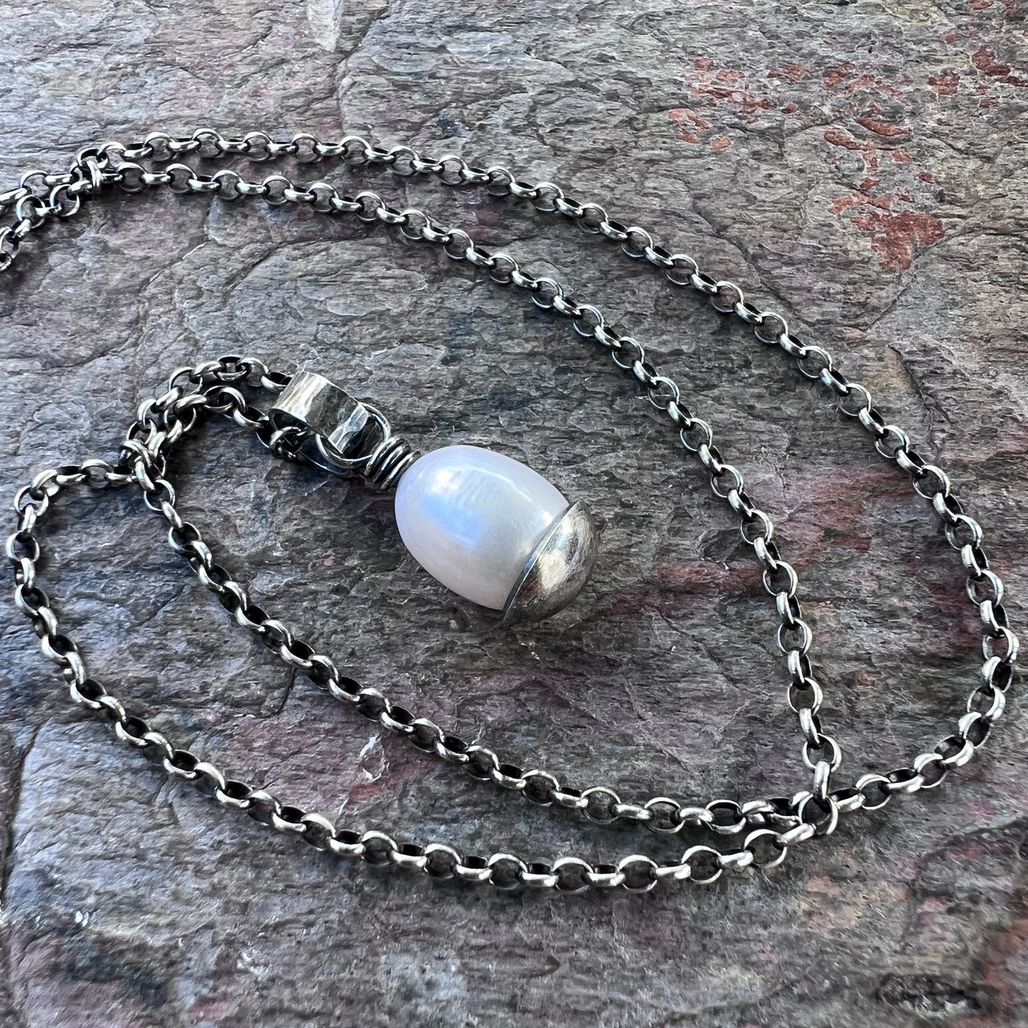 Sterling Silver Pearl Necklace - Handmade Genuine Pearl Pendant on Sterling Silver Chain