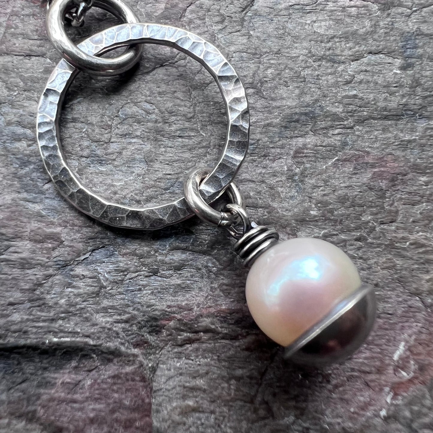 Sterling Silver Pearl Necklace - Genuine Freshwater Pearl and Hammered Ring Pendant