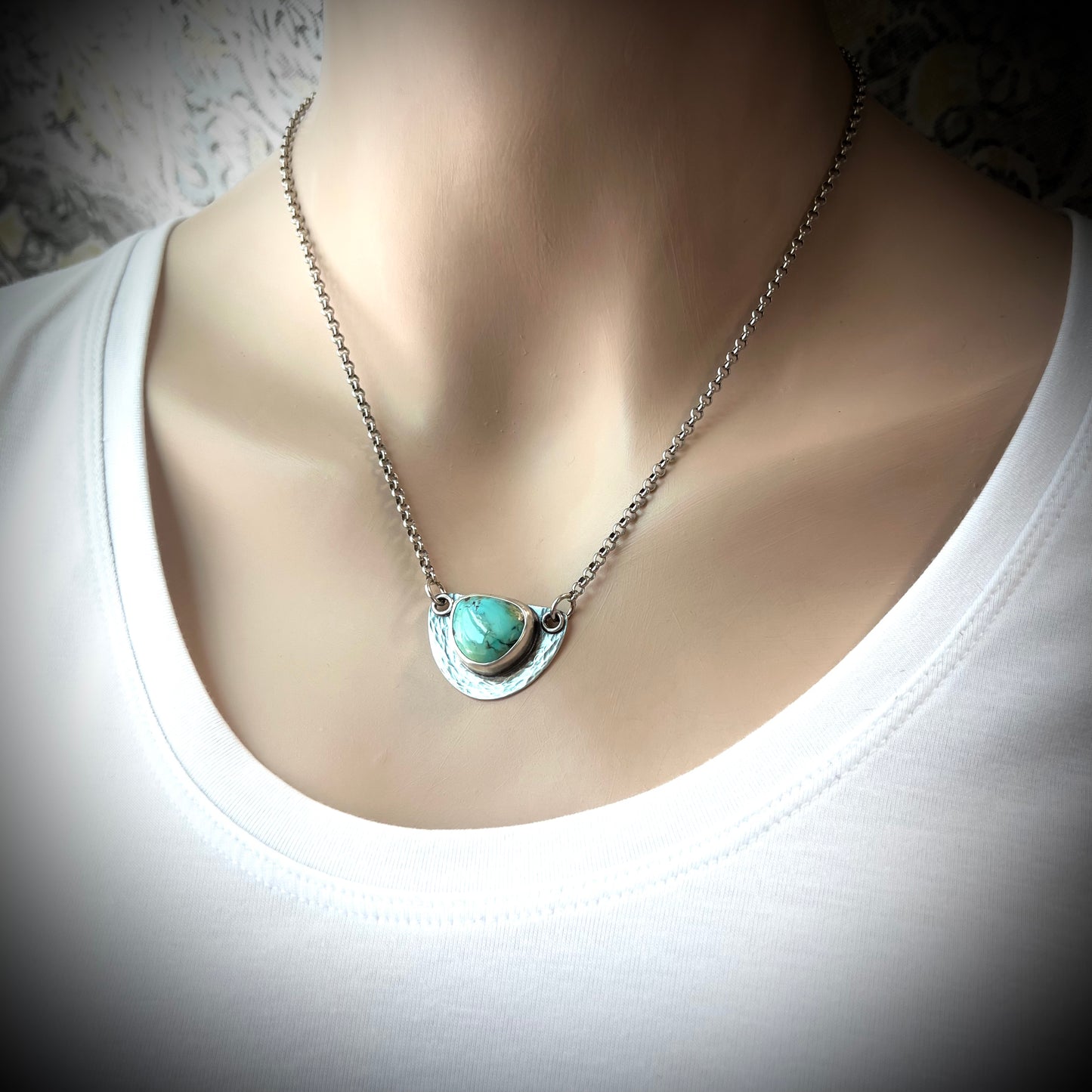 Sterling Silver Turquoise Half Moon Pendant - One-of-a-Kind Turquoise Semicircle Necklace