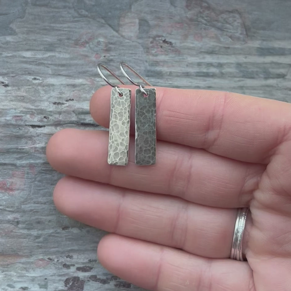 Hammered Rectangle Bar Earrings in Sterling Silver that are 2 and