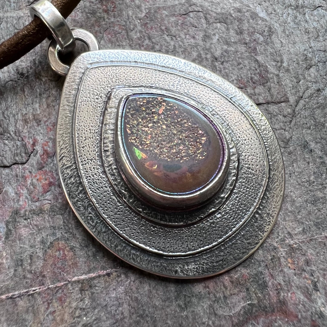 Sterling Silver Druzy Necklace - Handmade One-of-a-Kind Teardrop Druzy Pendant on Genuine Leather