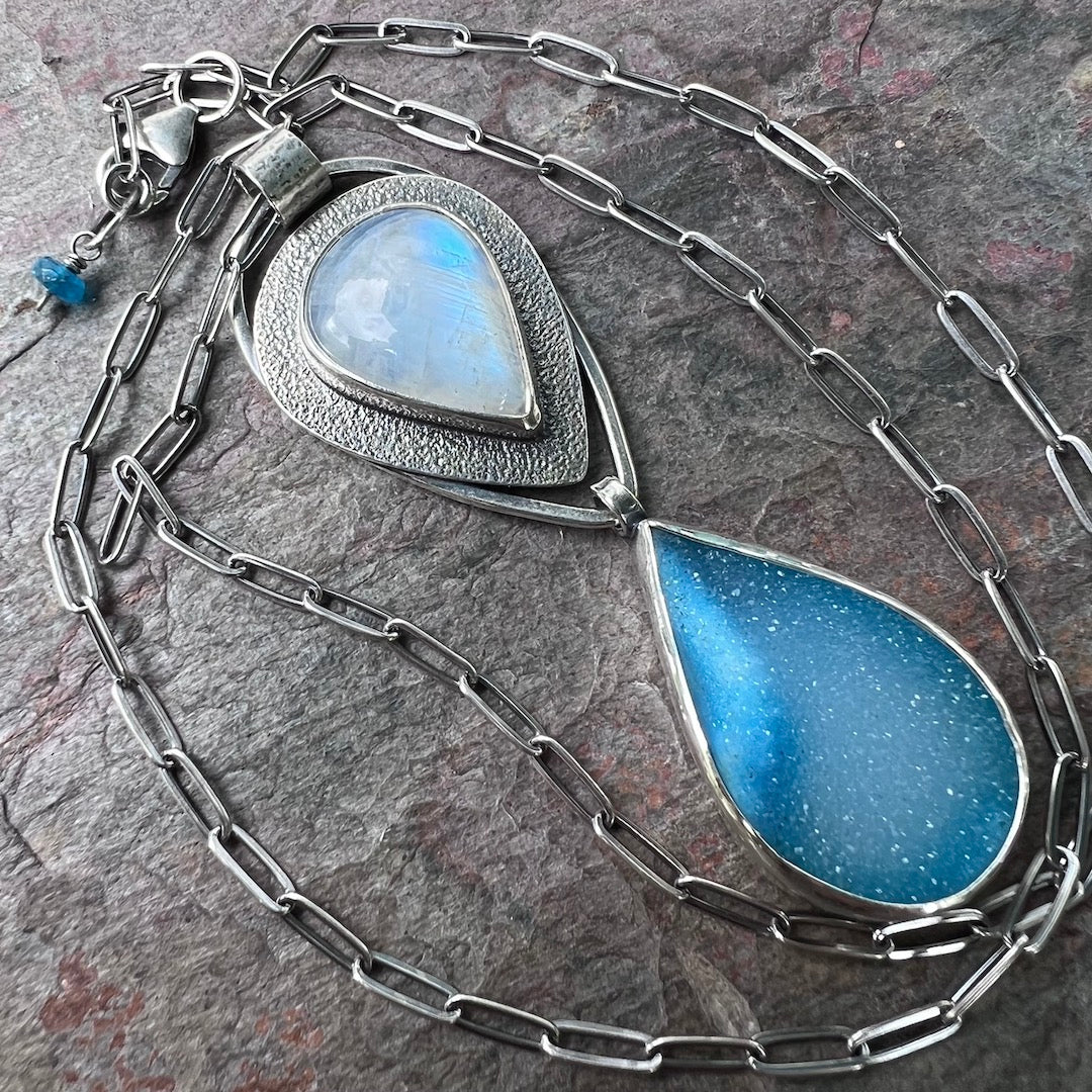 Rainbow Moonstone and Druzy Sterling Silver Necklace - Handmade One-of-a-kind Pendant on Sterling Silver Chain