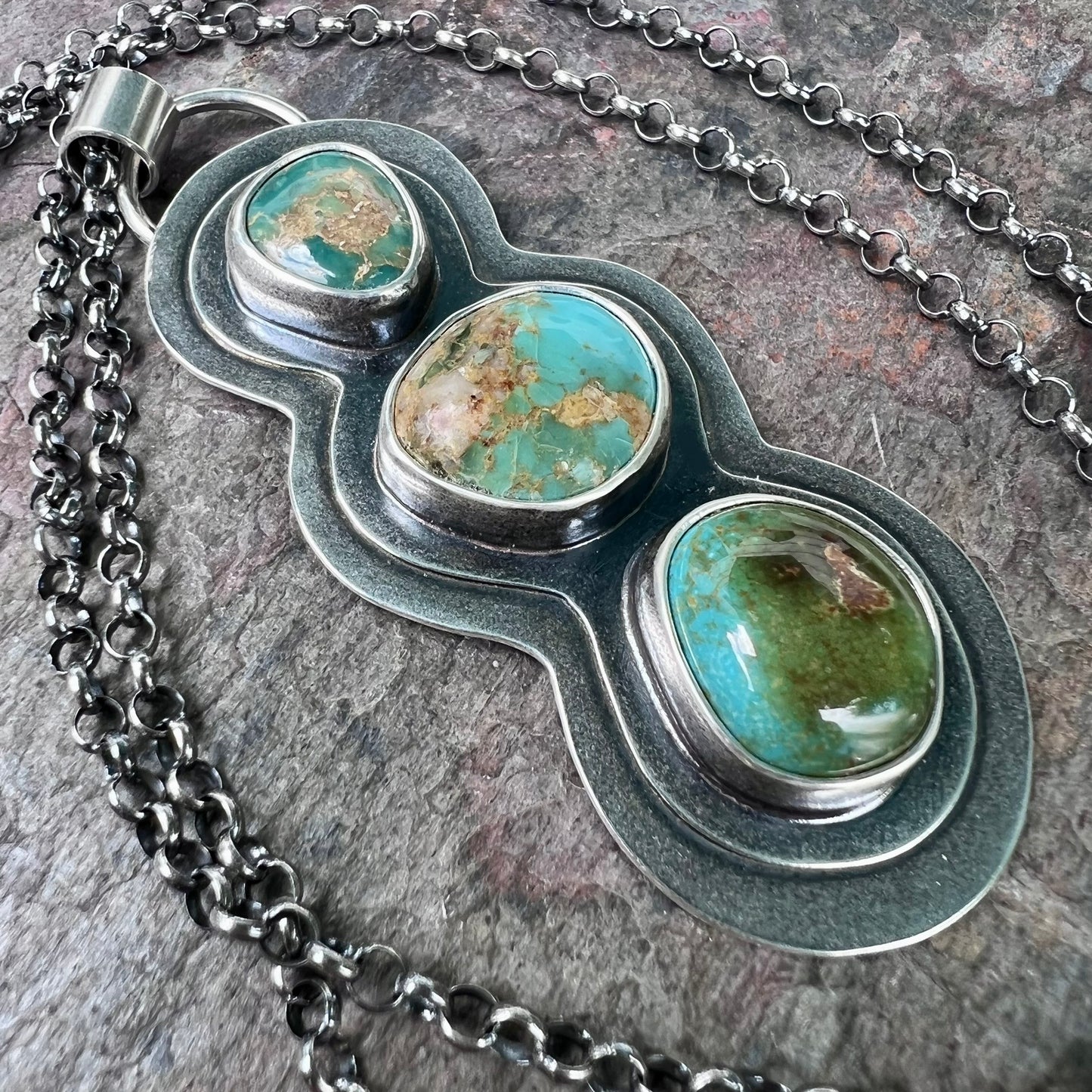 Sterling Silver Turquoise Trio Pendant Necklace - One-of-a-Kind Turquoise Pendant Statement Necklace