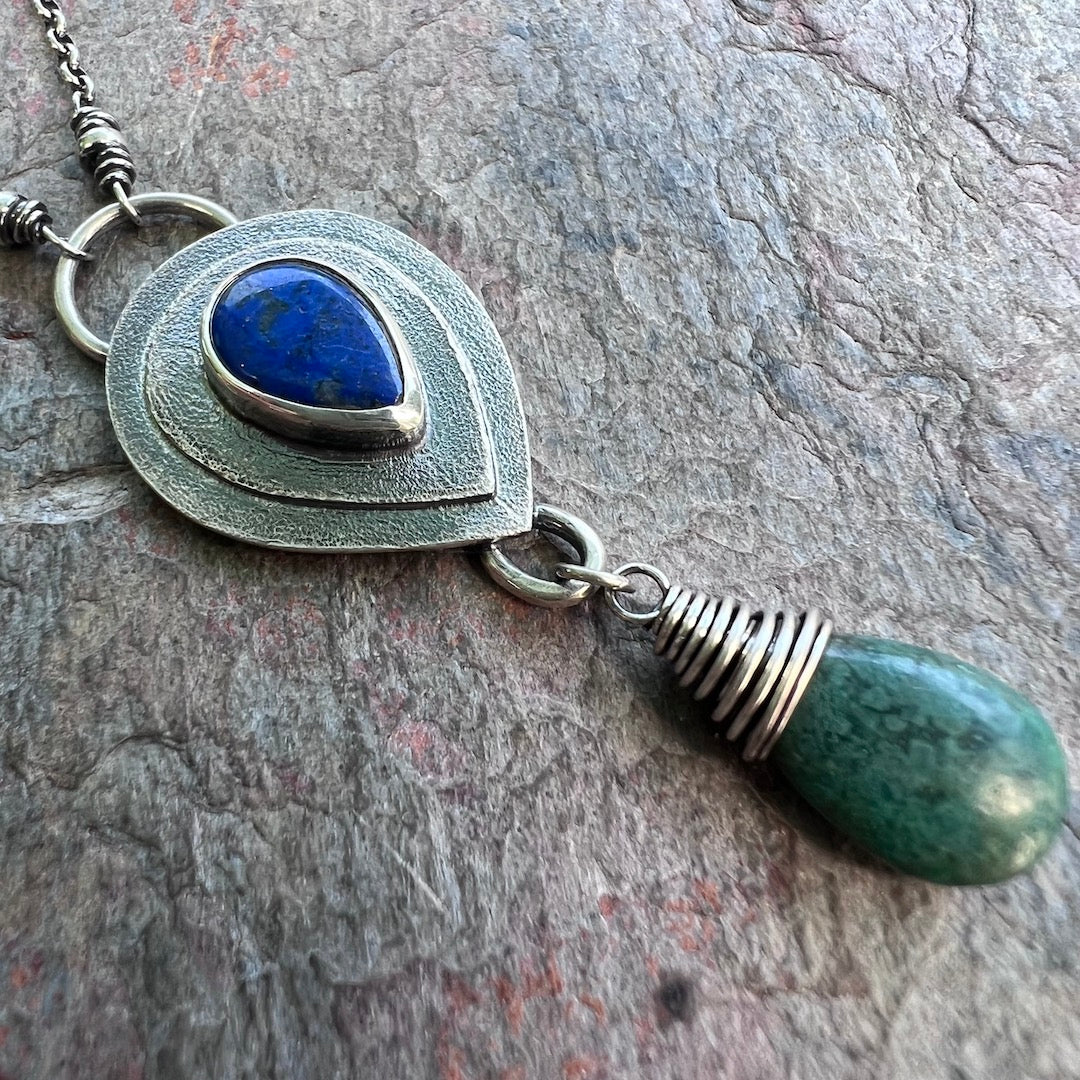 Lapis Lazuli and Turquoise Sterling Silver Necklace - One of a Kind Handmade Lapis Lazuli and Turquoise Pendant on Sterling Silver Chain