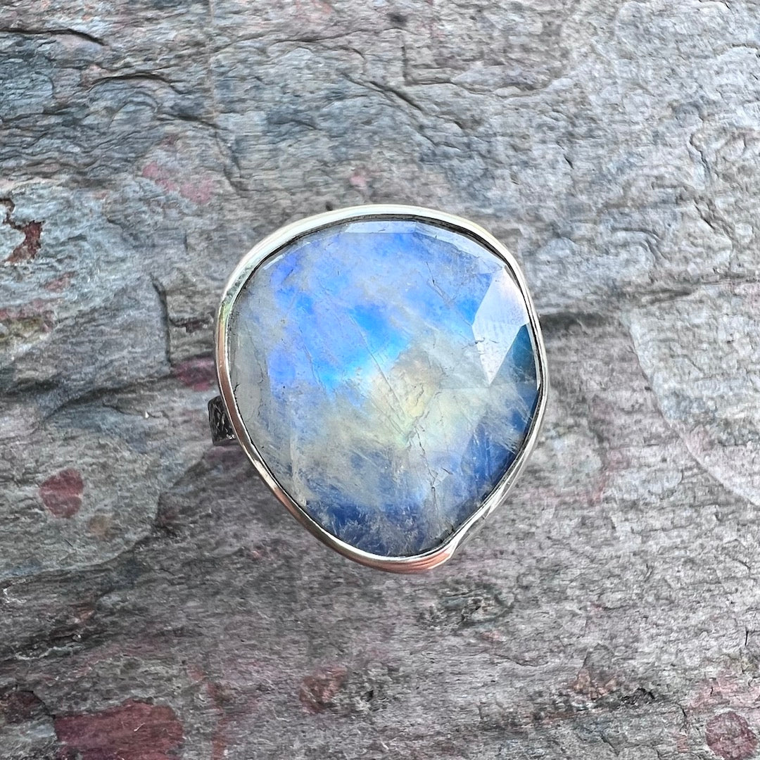 Rainbow Moonstone Sterling Silver Ring - Handmade One-of-a-kind Rainbow Moonstone Ring