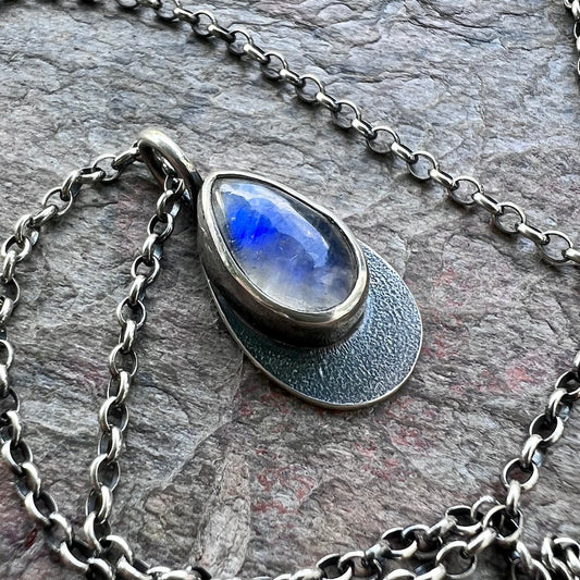 Rainbow Moonstone Sterling Silver Necklace - Rainbow Moonstone Teardrop Pendant on Sterling Silver Chain