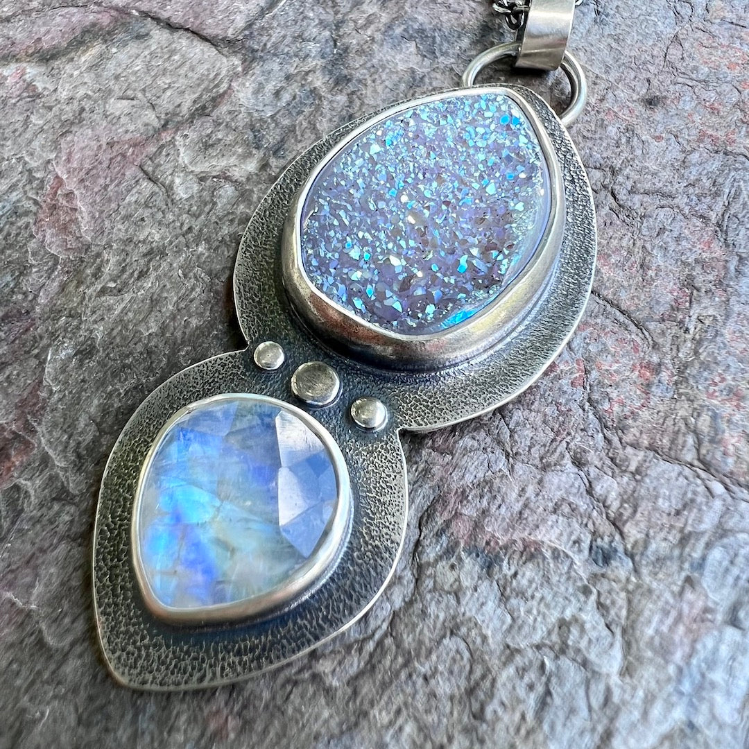 Rainbow Moonstone and Druzy Sterling Silver Necklace - Handmade One-of-a-kind Pendant on Sterling Silver Chain
