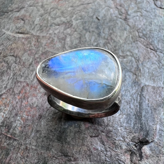 Rainbow Moonstone Sterling Silver Ring - Handmade One-of-a-kind Rainbow Moonstone Ring - Size 9.5