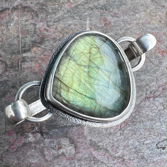 Labradorite Sterling Silver Bracelet - One-of-a-kind Labradorite Hinged Tension Cuff Bracelet