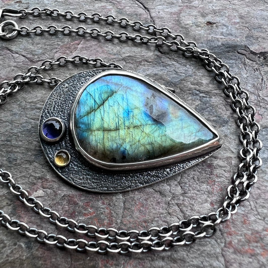 Labradorite Sterling Silver Necklace - One of a Kind Labradorite, Iolite, and Citrine Pendant on Sterling Silver Chain
