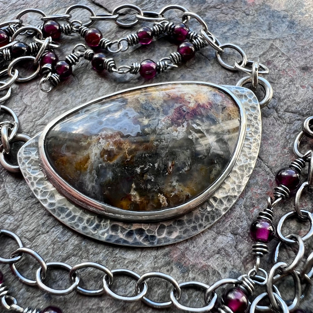 Plume Agate Sterling Silver Necklace - One of a Kind Plume Agate Pendant and Genuine Garnet Sterling Silver Necklace