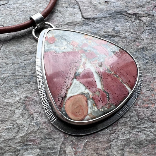 Large Jasper and Sterling Silver Pendant Necklace - Handmade One-of-a-Kind Teardrop Pendant on Genuine Leather