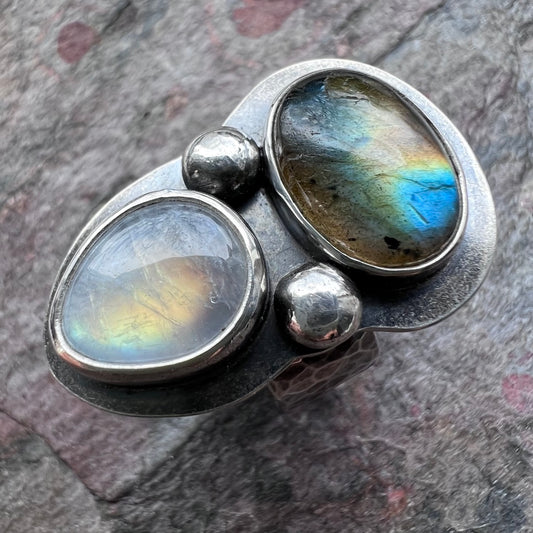 Labradorite and Rainbow Moonstone Sterling Silver Ring - Handmade One-of-a-kind Labradorite and Rainbow Moonstone Statement Ring