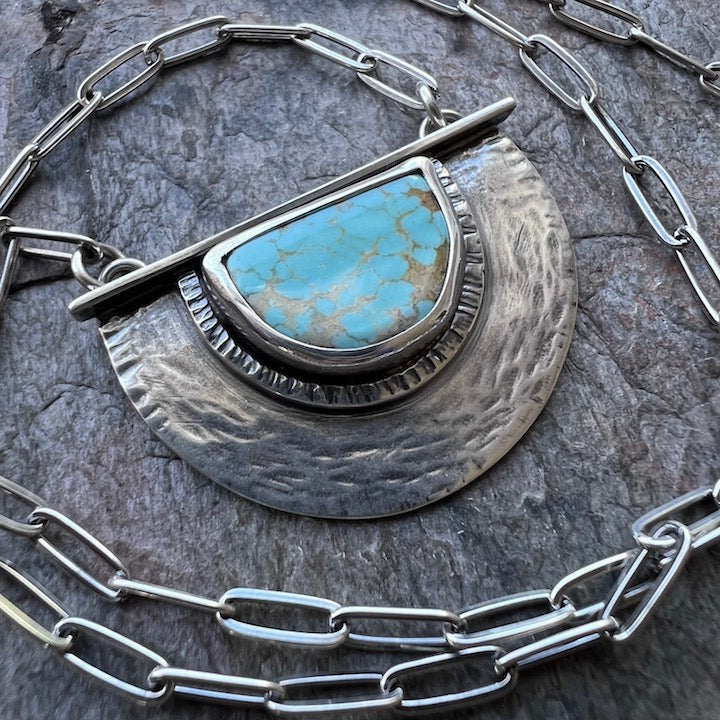Sterling Silver Turquoise Half Moon Pendant - One-of-a-Kind Turquoise Semicircle Statement Necklace