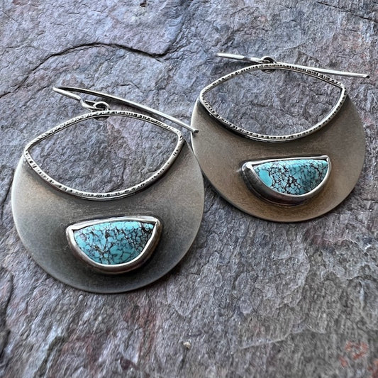 Turquoise Sterling Silver Crescent Earrings - Handmade One-of-a-kind Turquoise and Sterling Silver Statement Earrings