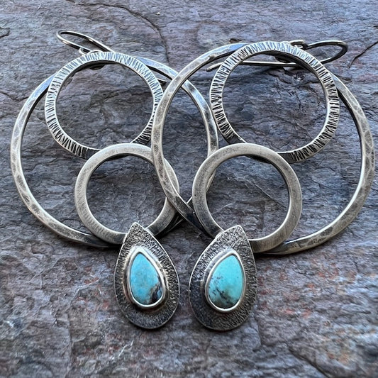 Turquoise Sterling Silver Earrings - One-of-a-Kind Turquoise Teardrops and Textured Sterling Silver Circles