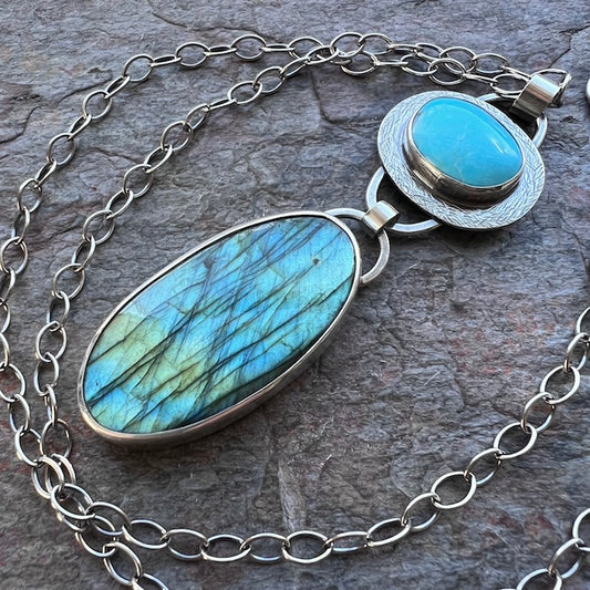 Labradorite, Turquoise, and Sterling Silver Necklace - Handmade One-of-a-kind Labradorite and Turquoise Pendant on Sterling Silver Chain